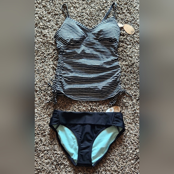 NWT NEW PrAna 2 Piece Bikini Set Moorea Black Stripe Tankini Sirra Bottom XS - Picture 1 of 4